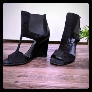 BCBG Black Suede Wedge 7.5 Open Toe Boot / Bootie